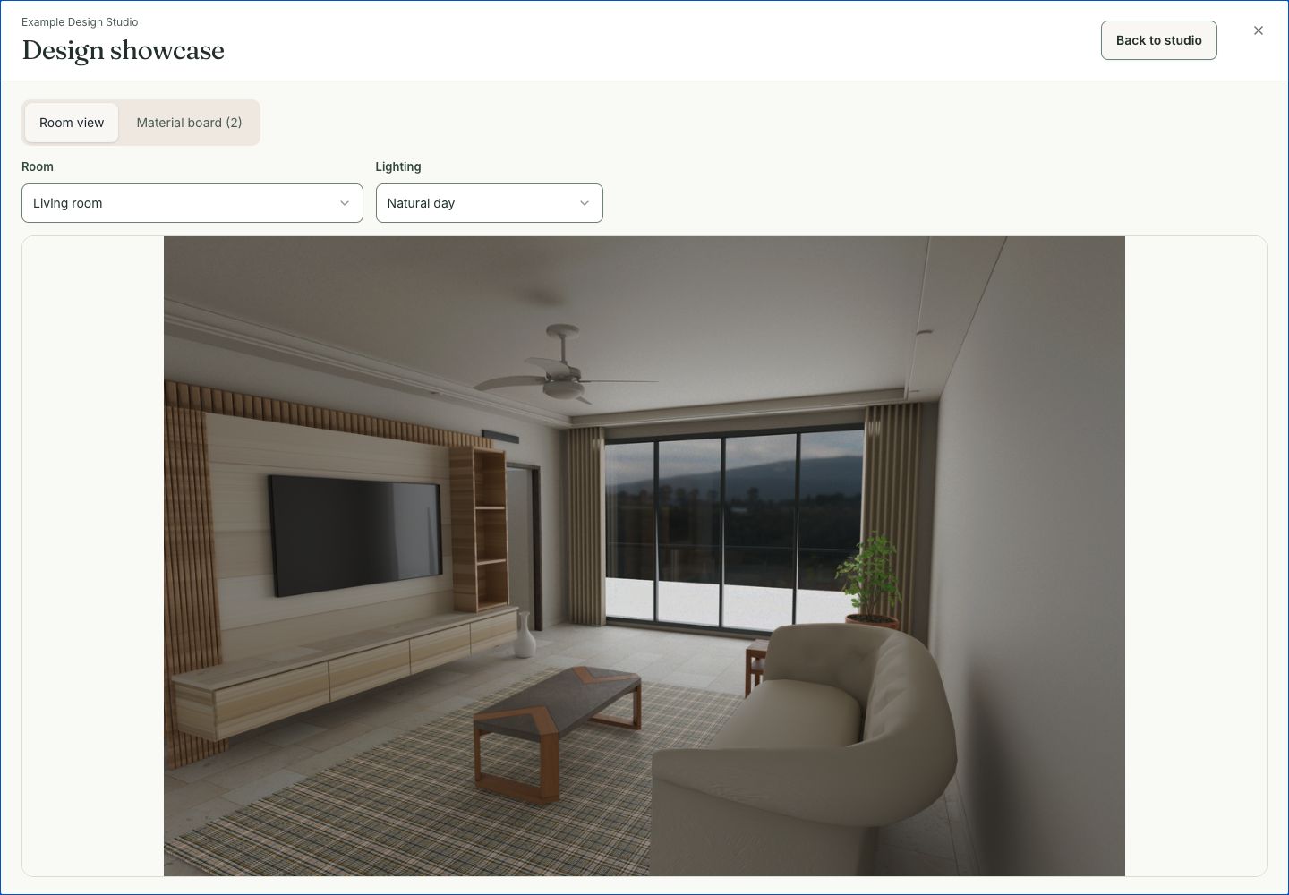 Interiorloop Showcase presenting a living-room design with room, lighting and material-board controls.